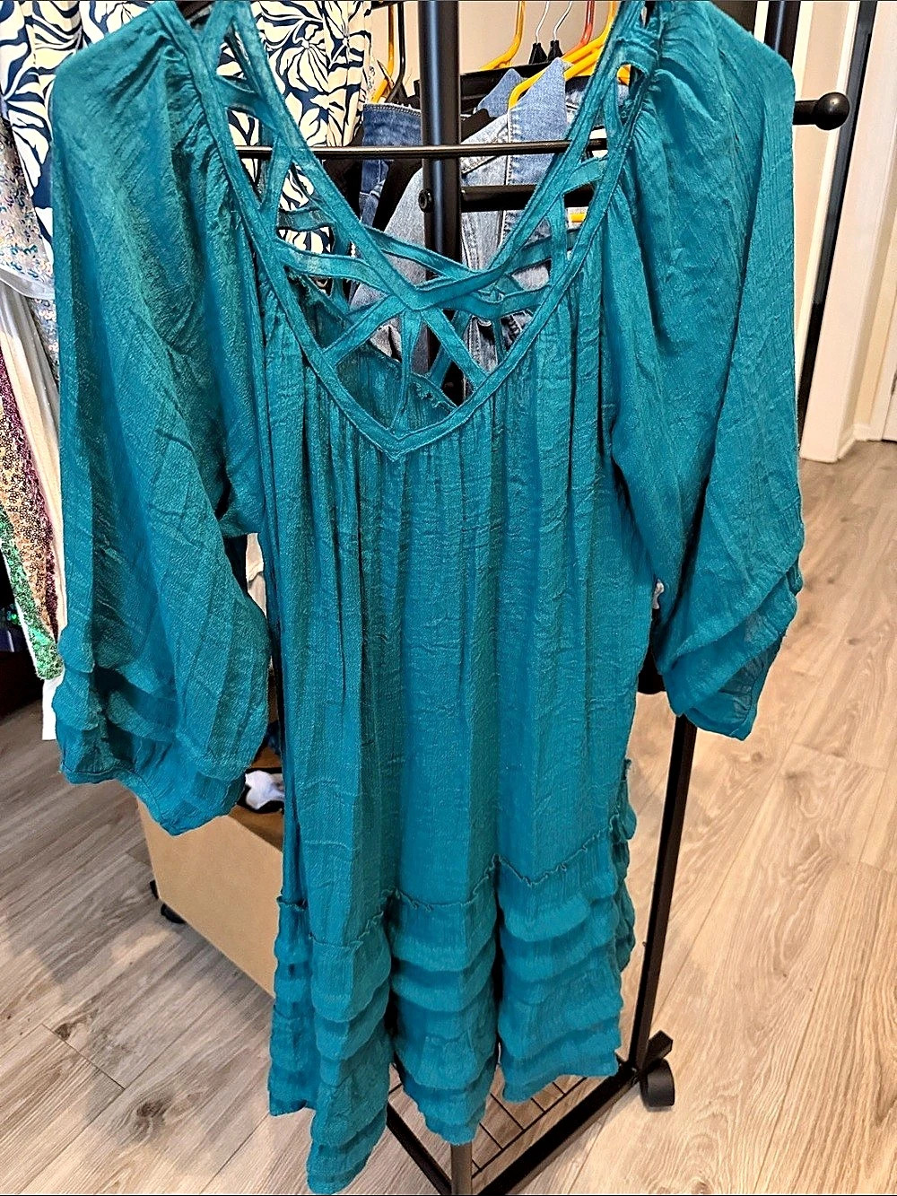 Umgee Lace-Up Tiered Tunic in Blue Size Medium Dress